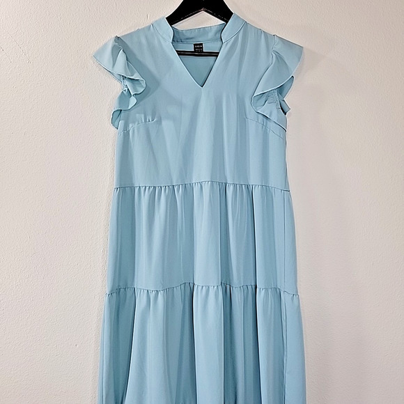 Shein Tiered Ruffle Maxi Dress Blue Womens XS Runs Big Flutter Sleeve - Picture 3 of 7